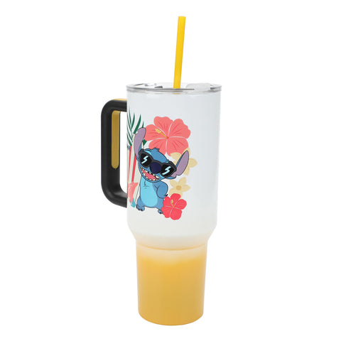 Bioworld Disney Stitch Hawaiian 40-oz tumbler artwork with durable stainless steel finish.