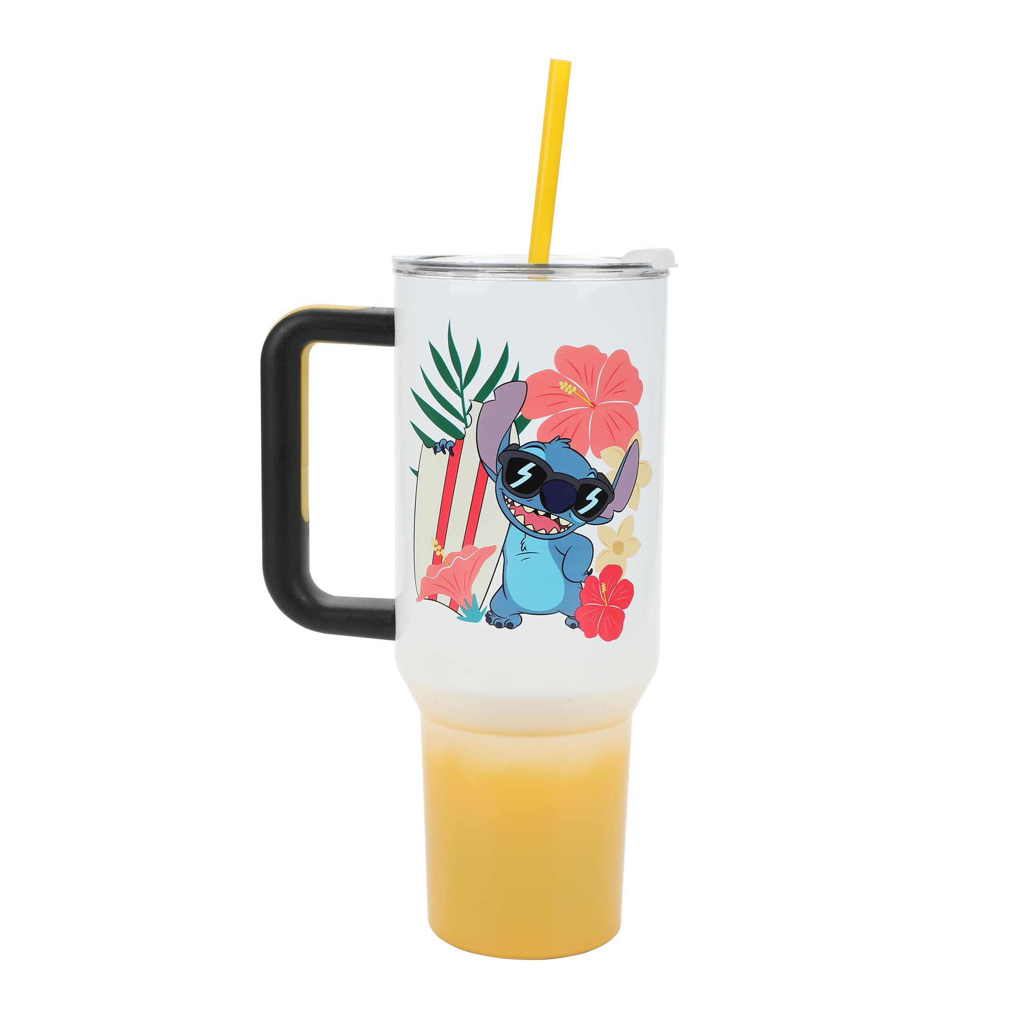 Bioworld Disney Stitch Hawaiian 40-oz tumbler top lid closeup shows secure seal.