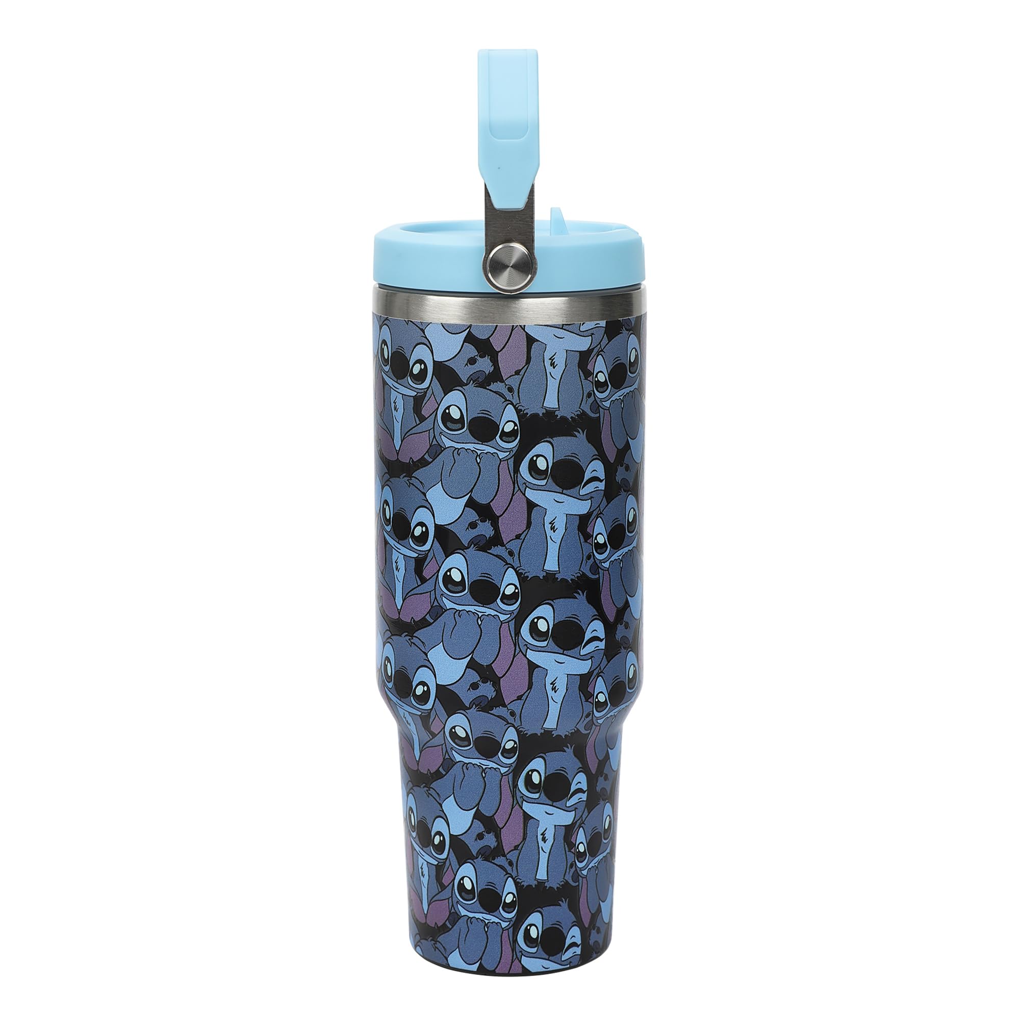 Bioworld Disney Stitch side view on blue tumbler showcasing large 40 oz capacity
