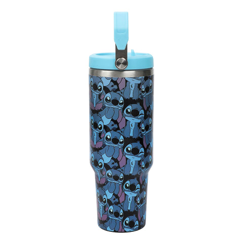 Bioworld Disney Stitch side view on blue tumbler showcasing large 40 oz capacity