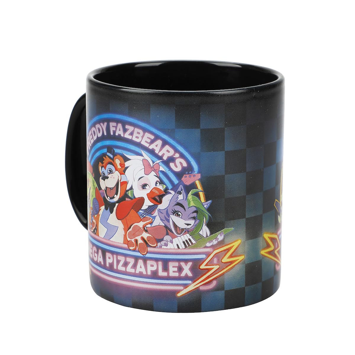Bioworld FNAF Mega Pizza Plex mug showcasing Glamrock Chica art for vibrant morning vibes.