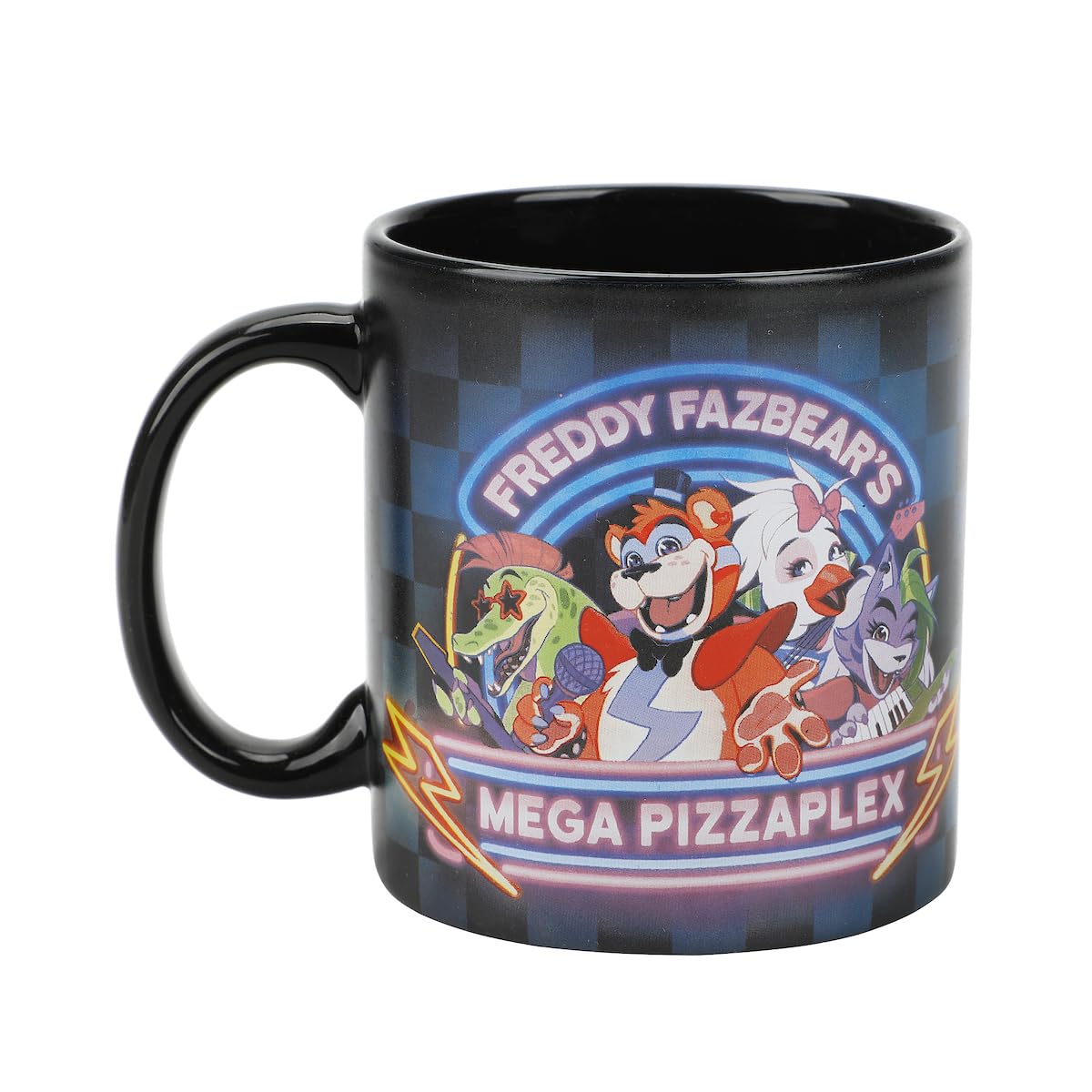 Bioworld FNAF Mega Pizza Plex mug with Glamrock Freddy art for stylish daily caffeine rituals.
