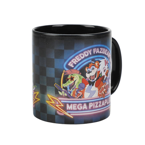 Bioworld FNAF Mega Pizza Plex mug with neon lettering for fan-centric display.