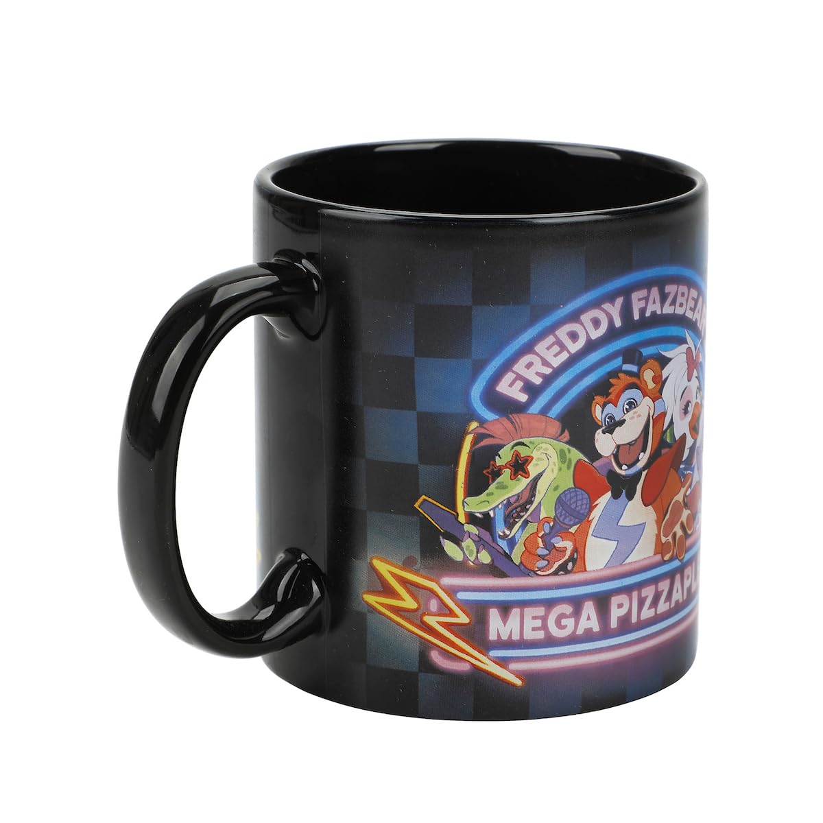 Bioworld FNAF Mega Pizza Plex mug with Roxanne Wolf art for bold mood at home.
