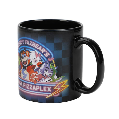 Bioworld FNAF Mega Pizza Plex mug side view shows sturdy handle and classic black finish.