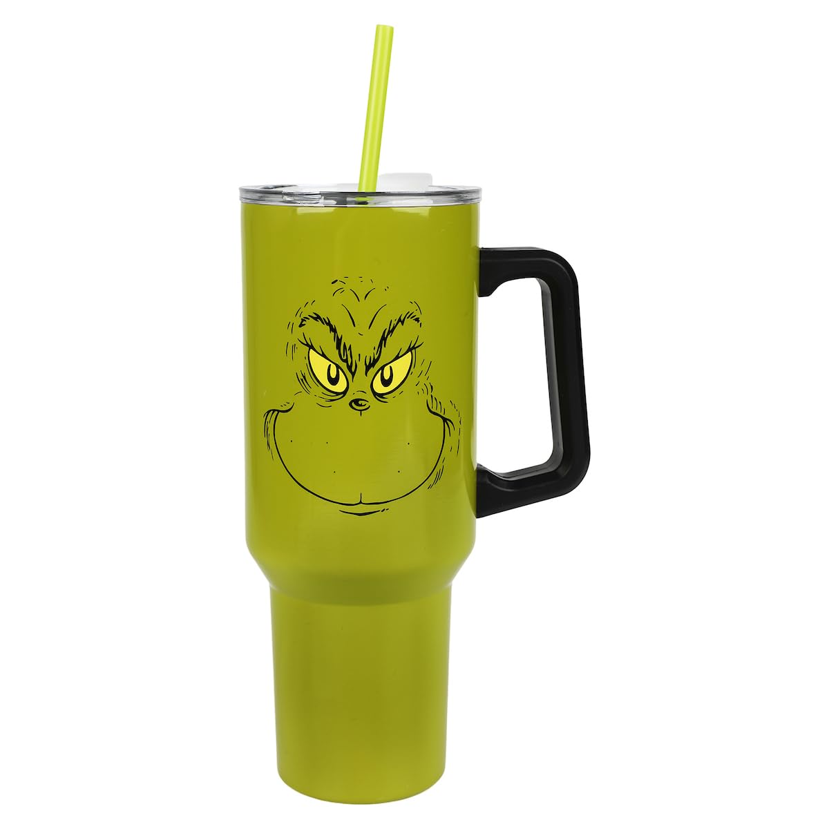 Bioworld Grinch 40oz tumbler with handle, front view, ideal for on-the-go hydration