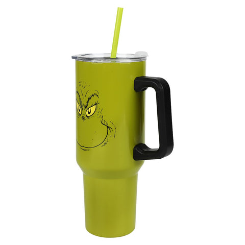 Bioworld Grinch 40oz tumbler lid close-up, spill-proof design keeps drinks secure