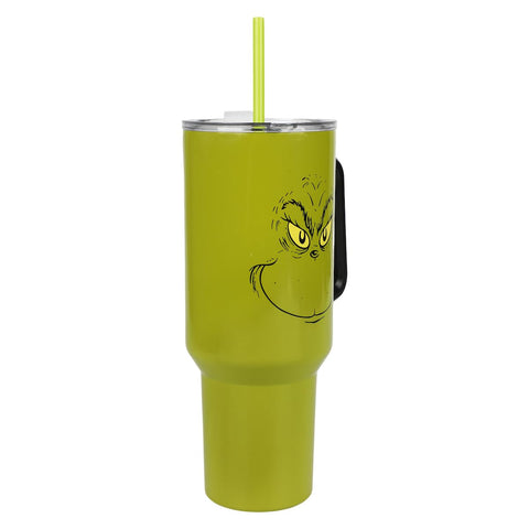 Bioworld Grinch 40oz tumbler side view, sturdy green stainless steel for durable use