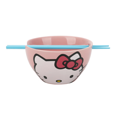Bioworld Hello Kitty big-face bowl on pink background, great for ramen meals.