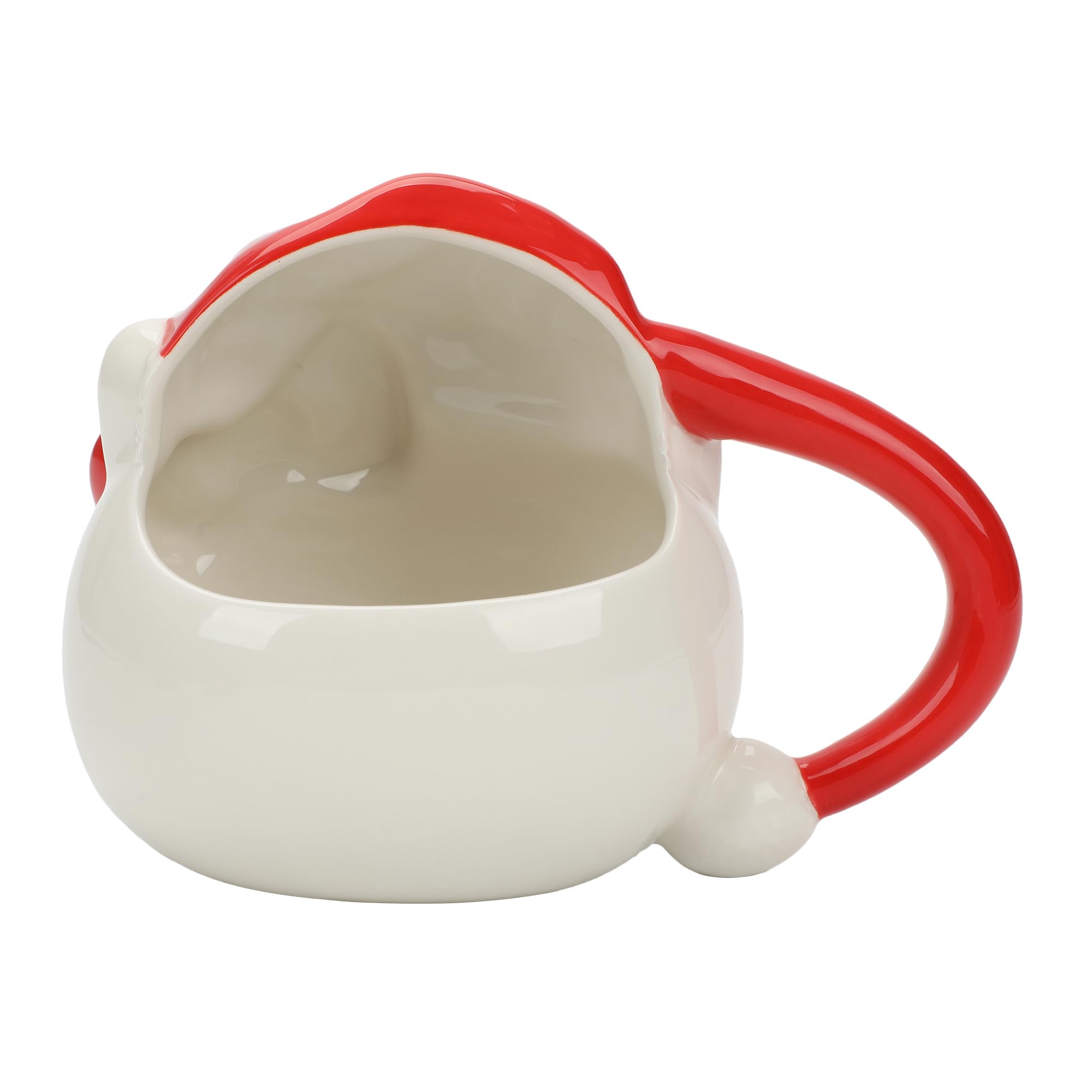 Close-up of Hello Kitty face with Santa hat on Bioworld mug showing hand-painted details