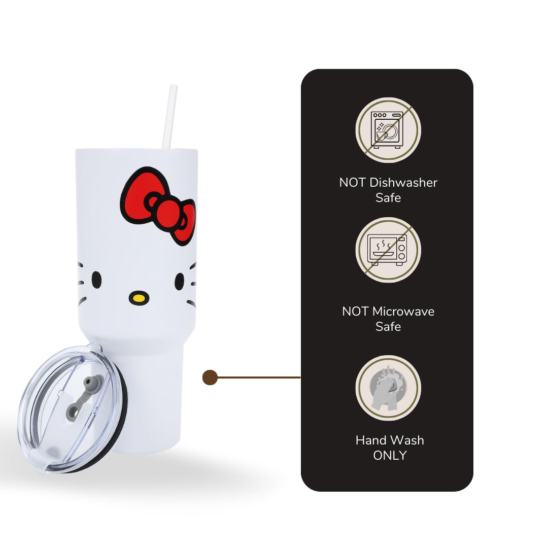 Bioworld Hello Kitty tumbler back view showing durable stainless steel construction.