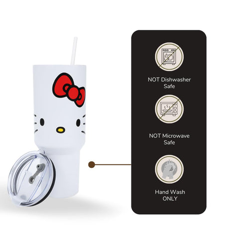 Bioworld Hello Kitty tumbler back view showing durable stainless steel construction.