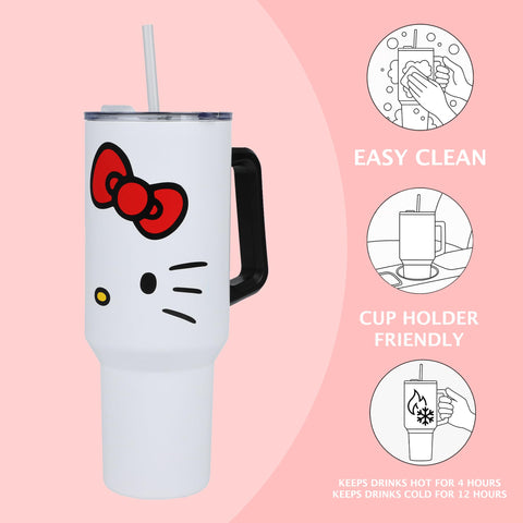 Bioworld Hello Kitty tumbler cap-off view emphasizing easy pouring and cleaning.