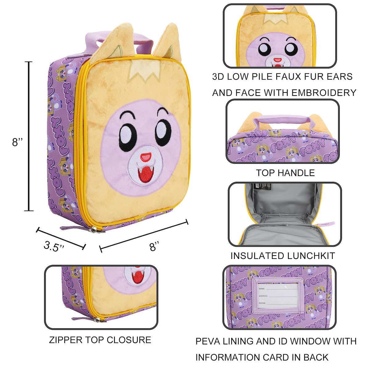 Bioworld Lankybox Foxy lunchbox embroidery details add texture and character.