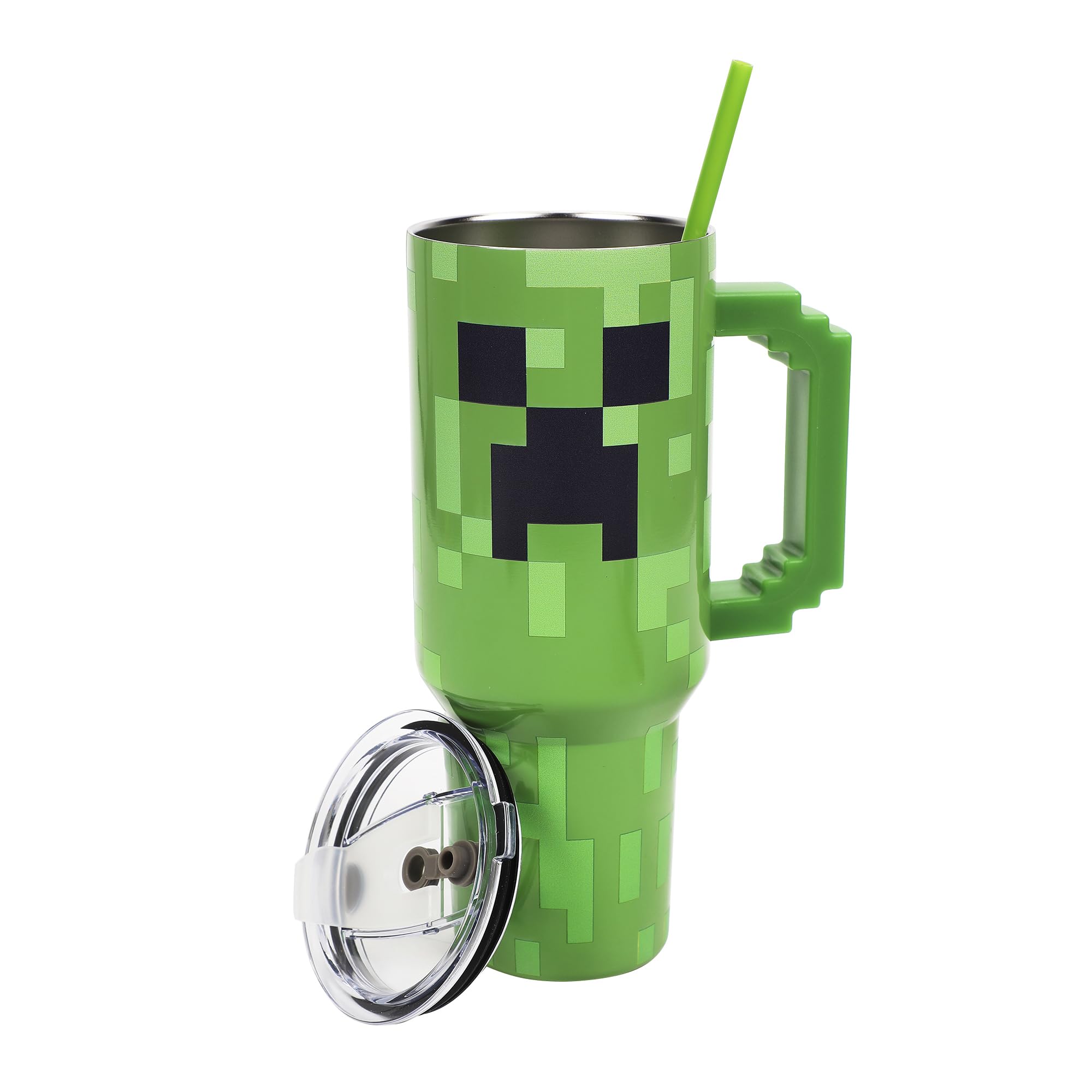 Bioworld Minecraft Creeper 40oz tumbler with pixelated design for hot or cold drinks.