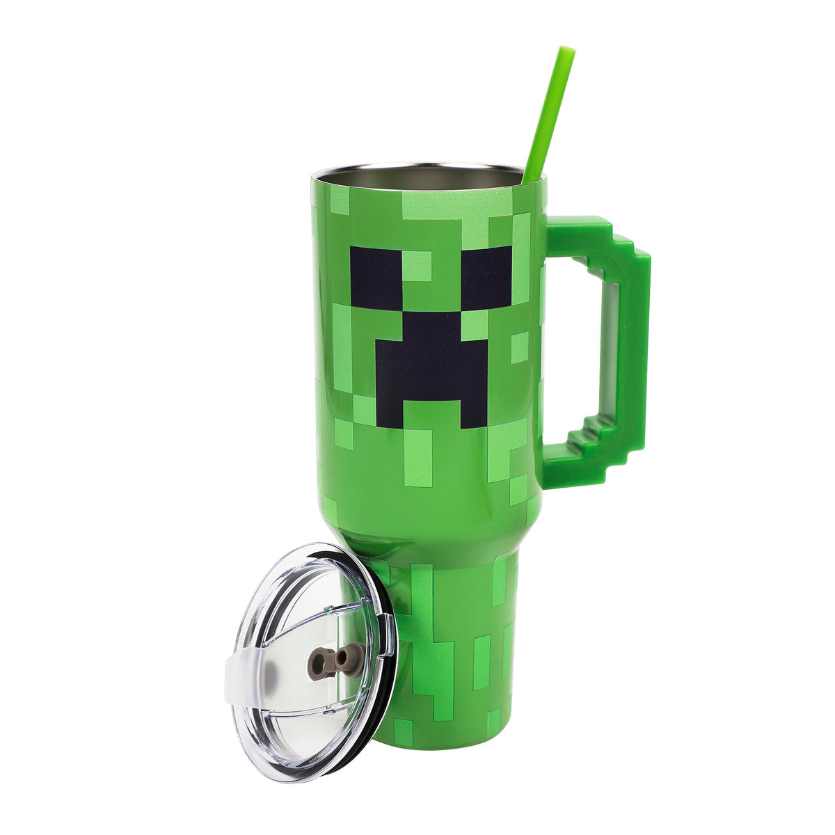 Bioworld Minecraft Creeper 40oz tumbler with pixelated design for hot or cold drinks.