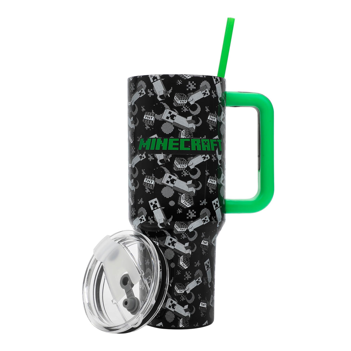 Bioworld Minecraft Creeper and TNT 40oz tumbler front view showing bold pattern for fans