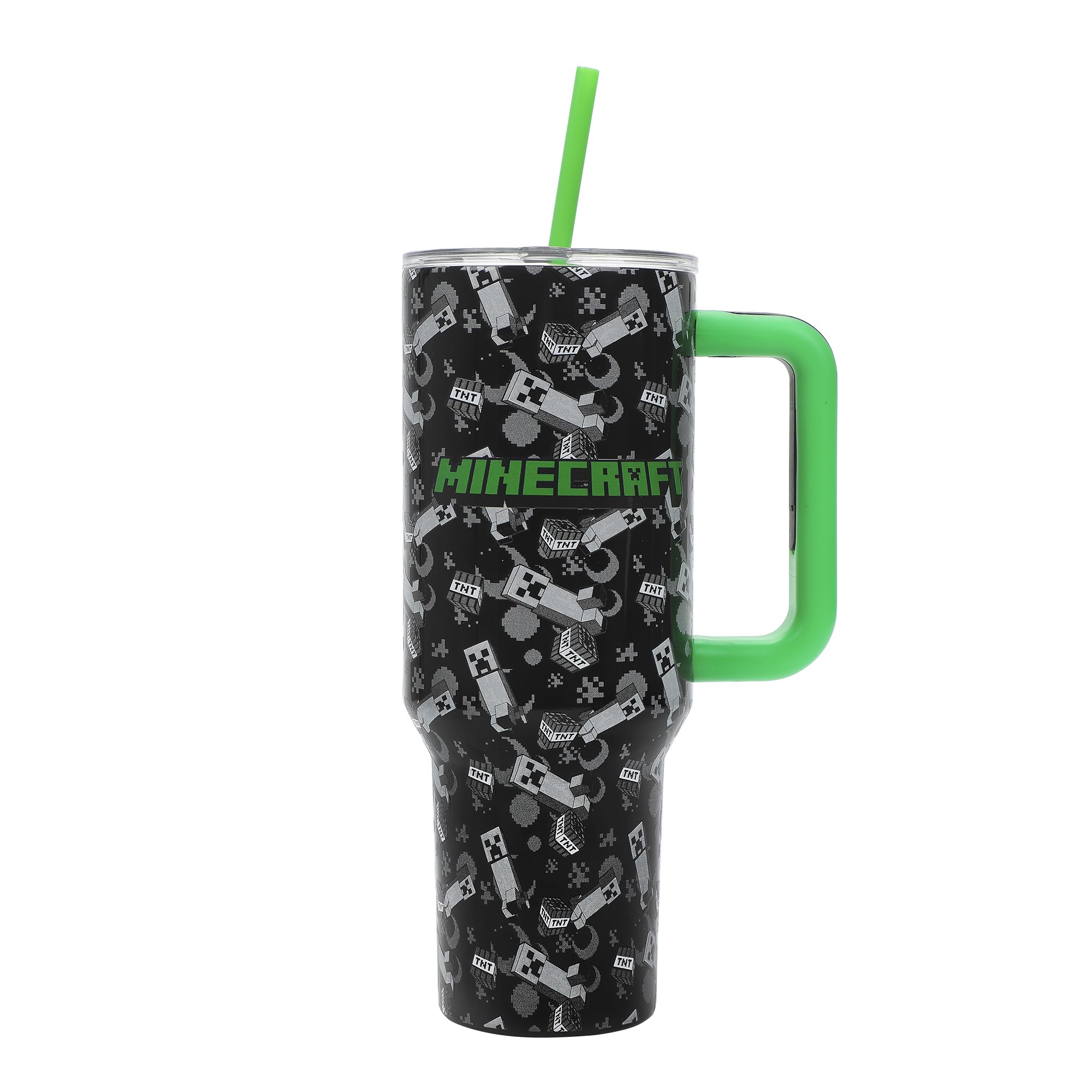 Bioworld Minecraft Creeper and TNT 40oz tumbler side view highlighting contrast and style
