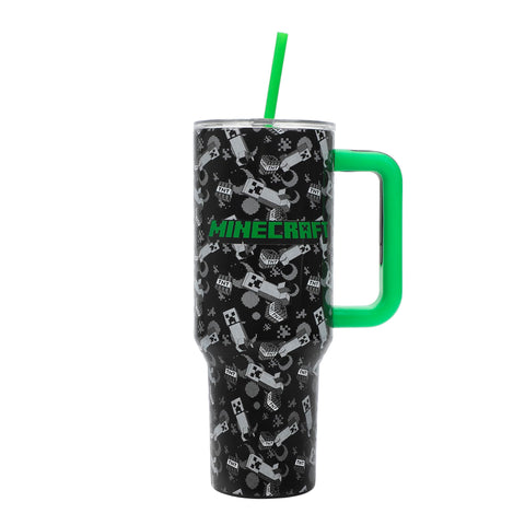 Bioworld Minecraft Creeper and TNT 40oz tumbler side view highlighting contrast and style