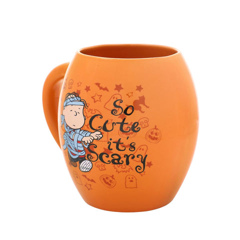 Bioworld orange oval ceramic mug with bold Peanuts design for everyday use.