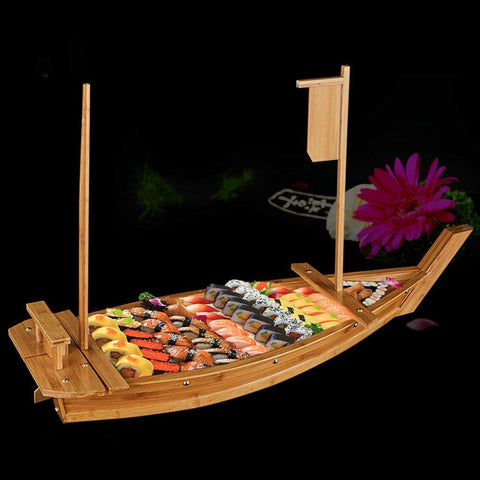 BIPEGE wooden sushi boat features natural lacquer finish.