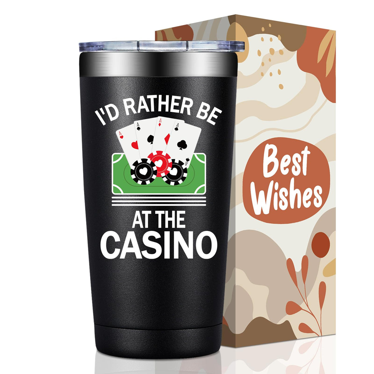 BIRGILT 20oz gambling tumbler held by hand, ideal for poker players on the go.