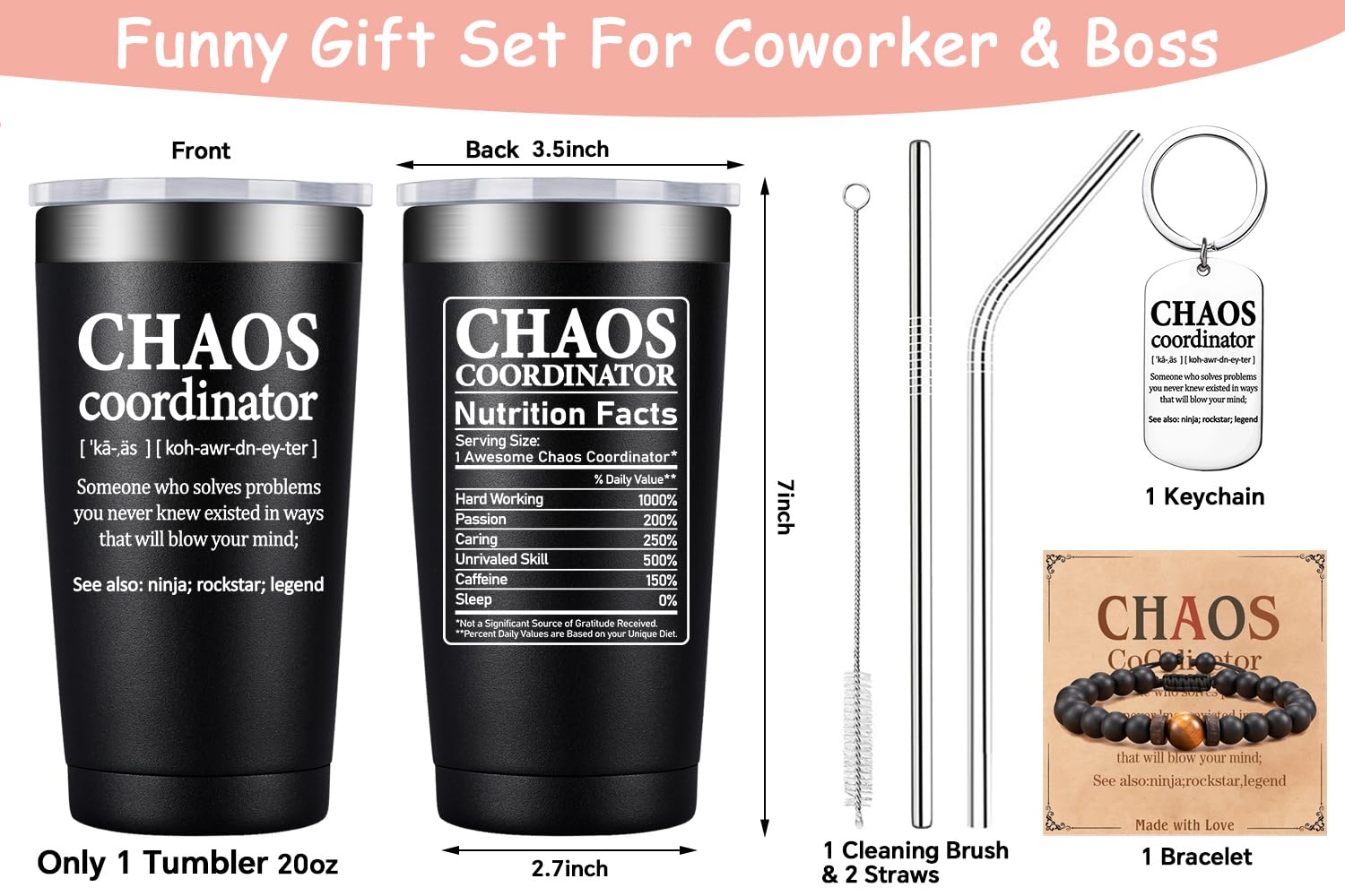 BIRGILT Chaos Coordinator tumbler back with 'Nutrition Fact' detail for playful gifting.