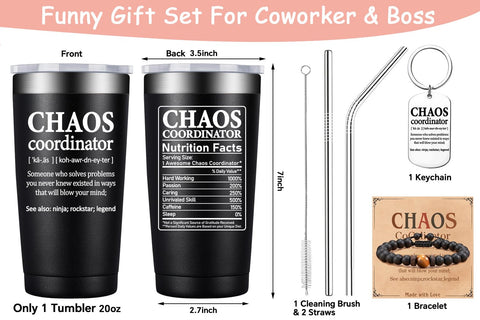 BIRGILT Chaos Coordinator tumbler back with 'Nutrition Fact' detail for playful gifting.