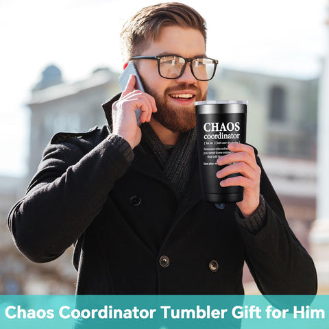 BIRGILT Chaos Coordinator tumbler on a desk, ideal coworker gift.