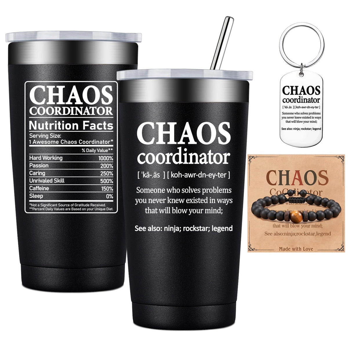 BIRGILT Chaos Coordinator tumbler front view highlighting the printed design for offices.