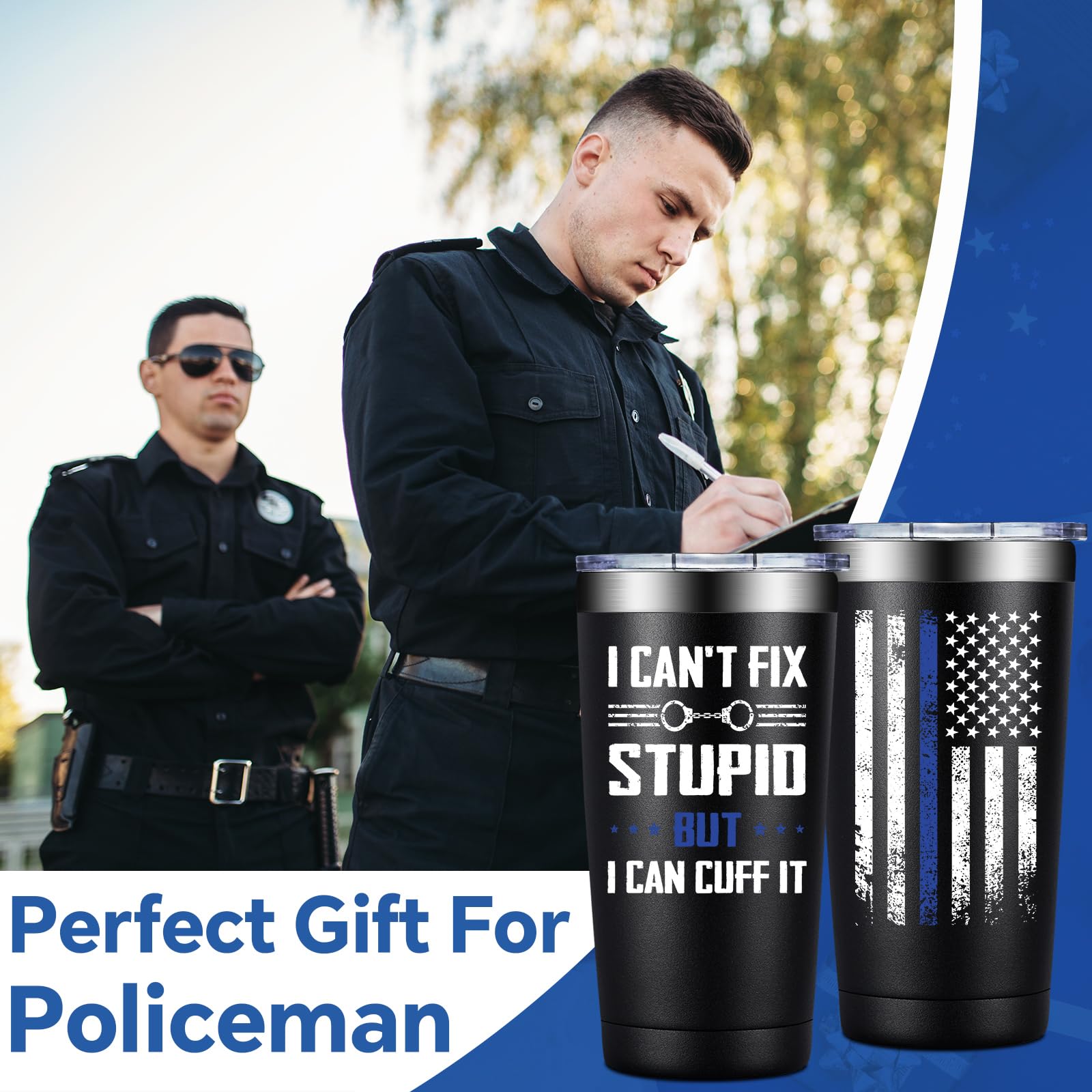 BIRGILT police officer tumbler lid closeup highlights leak-proof seal