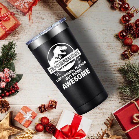 BIRGILT Teachersaurus 20oz tumbler insulation graphic showing temperature retention