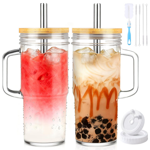 Birity 24oz glass tumbler with handle and lid, two-pack, ready for hydration