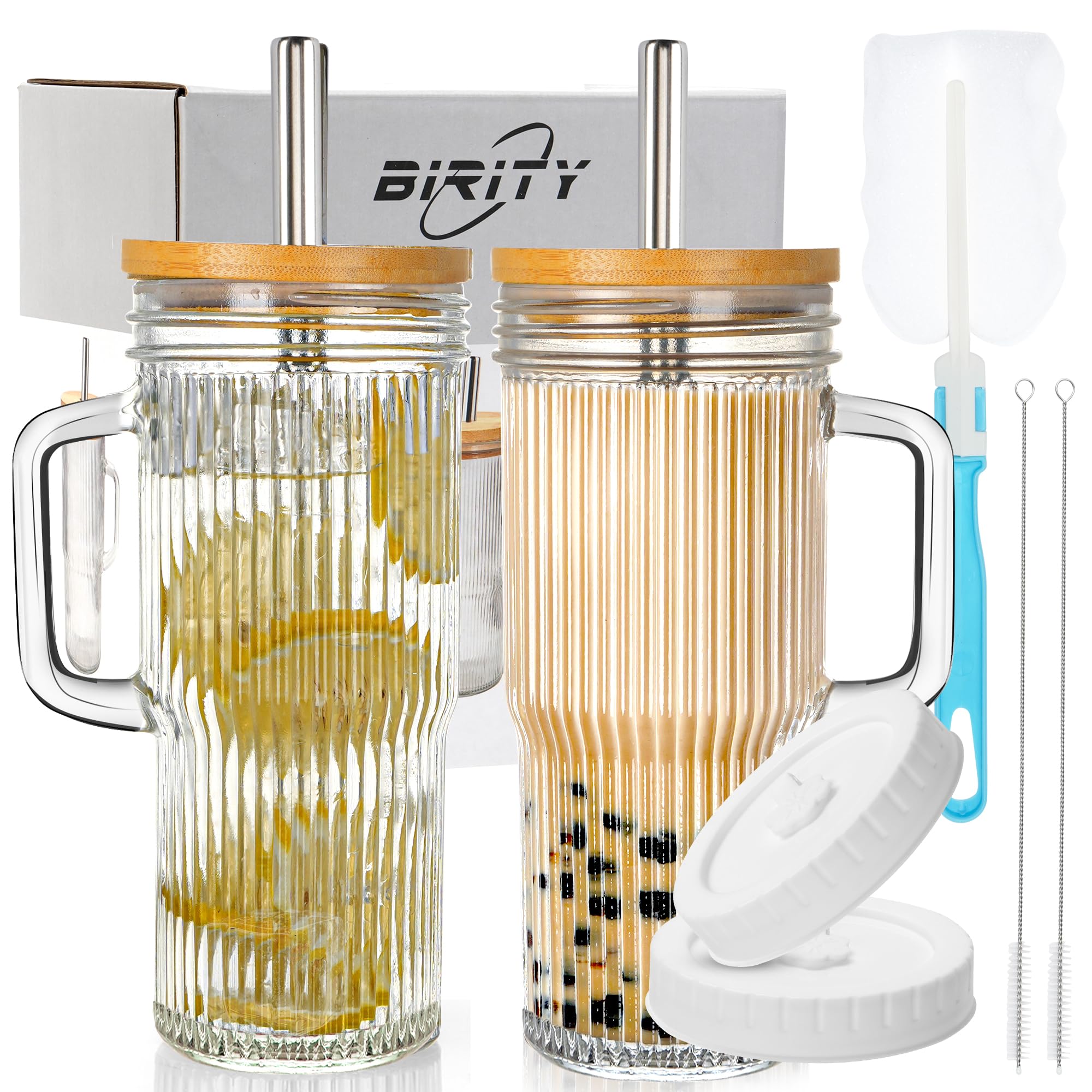 Birity 24oz ribbed glass cup with handle and lid for easy, spill-free on-the-go sipping.