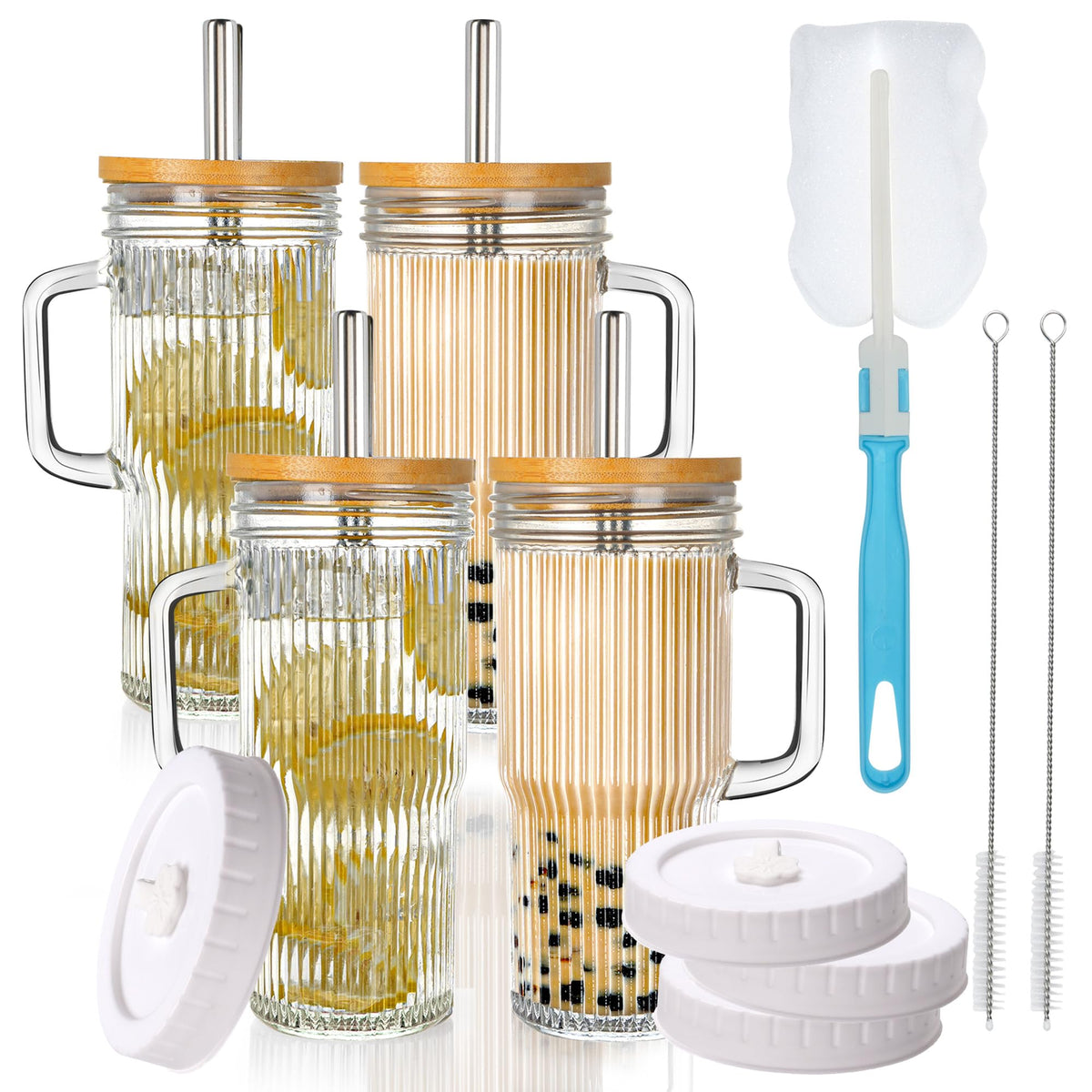 Birity 24oz ribbed glass tumbler with handle for easy grip and spill protection.