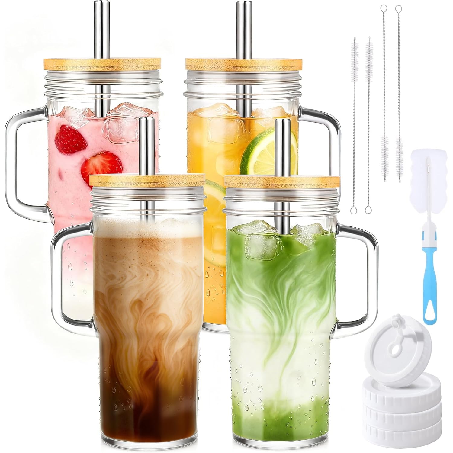 Birity glass cups with lids and straws 24oz handle for on-the-go hydration