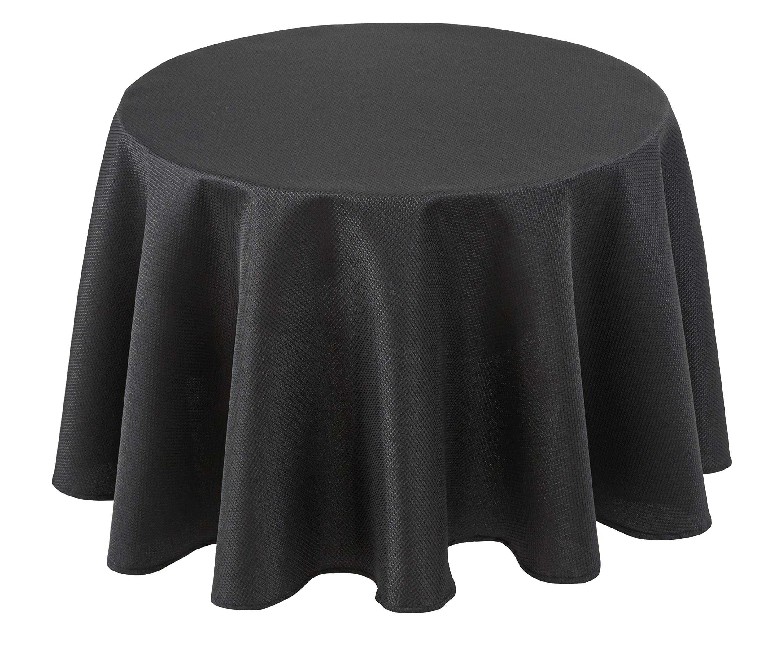 Biscaynebay 70-inch round black textured tablecloth draped on a dining table for elegant meals.