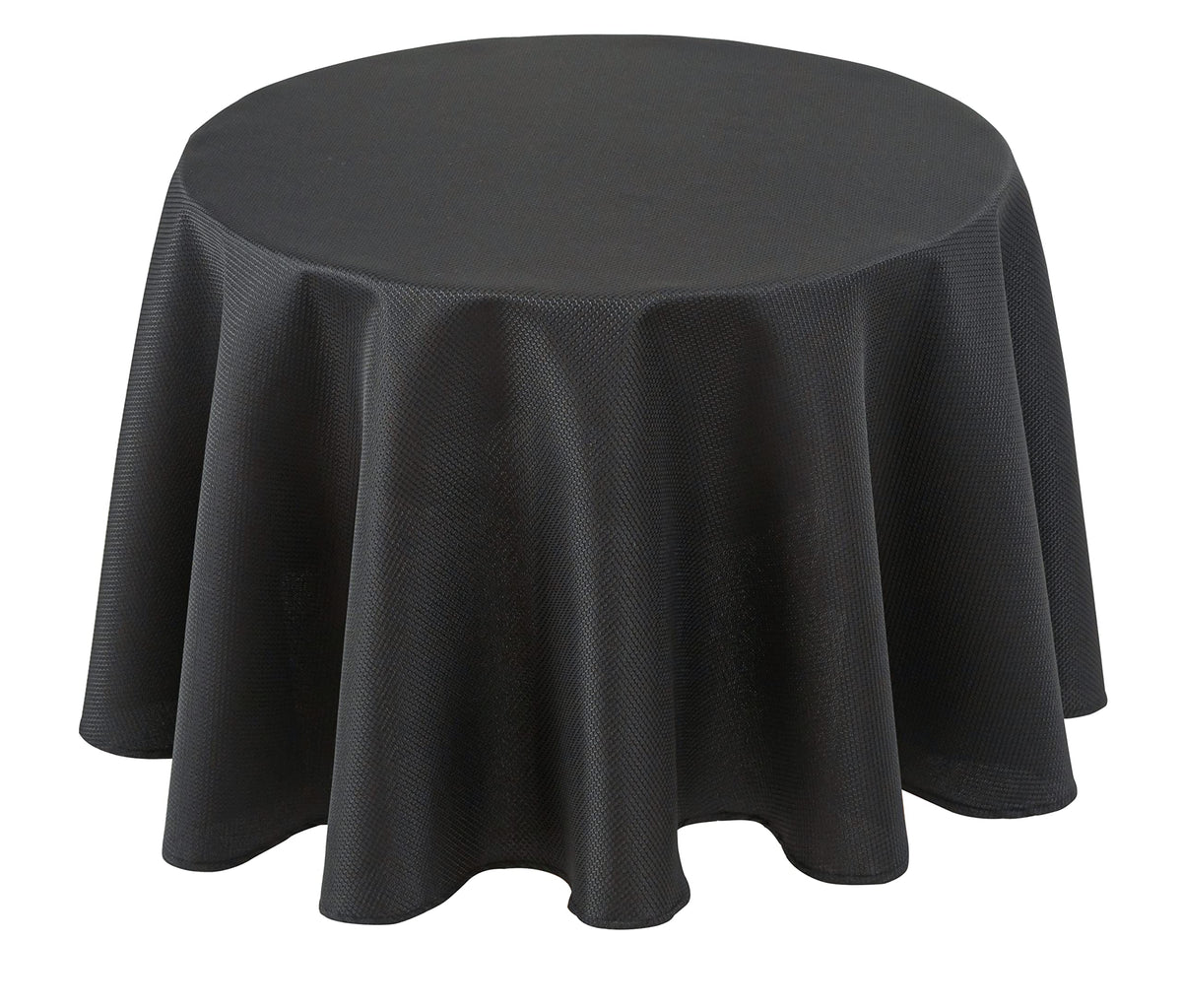 Biscaynebay 70-inch round black textured tablecloth draped on a dining table for elegant meals.
