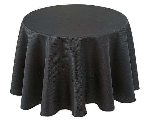 Biscaynebay 70-inch round black textured tablecloth draped on a dining table for elegant meals.