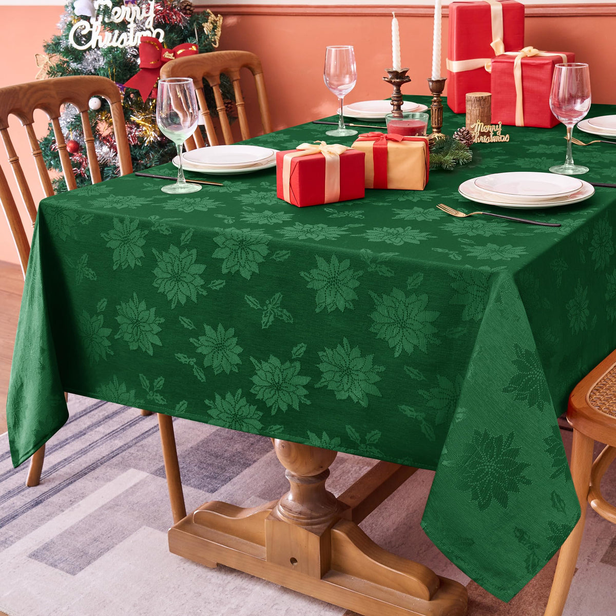 Biscaynebay Christmas hunter green tablecloth in 60x120 inches for festive family meals
