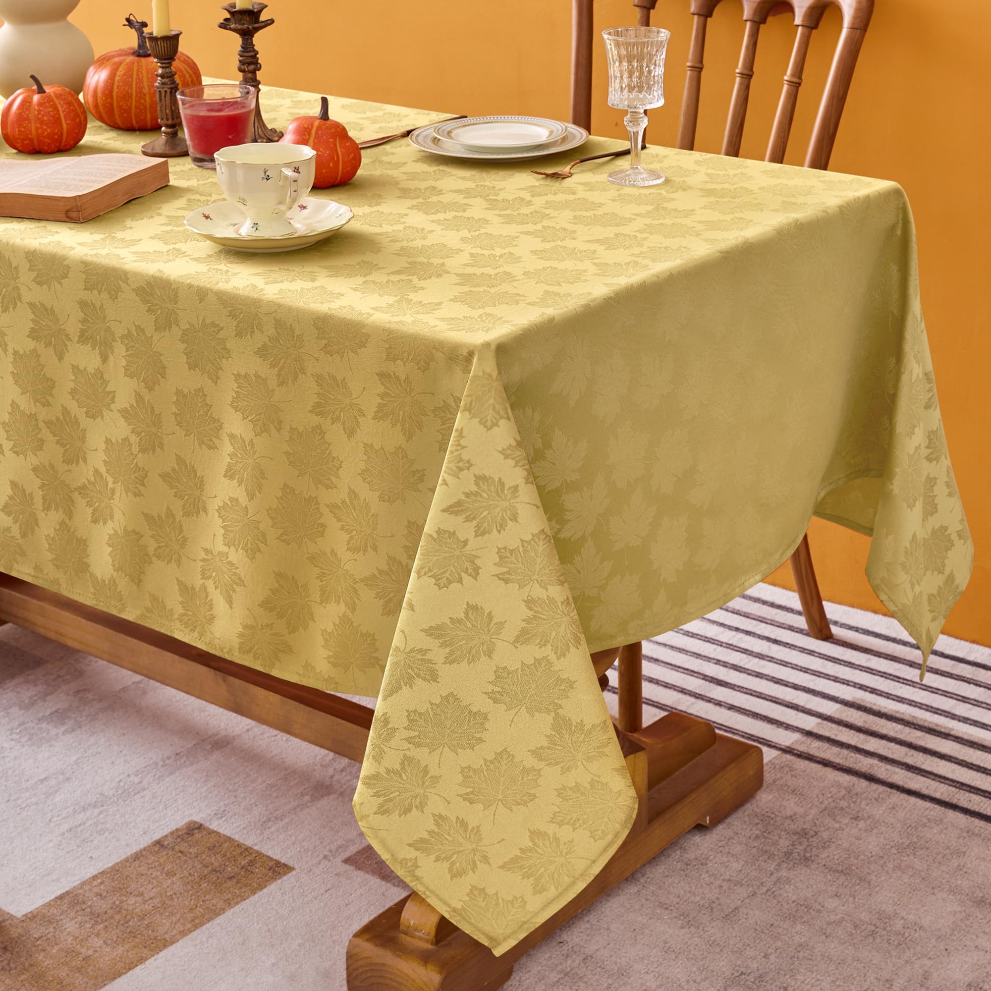 Biscaynebay fall tablecloth 60x120 gold damask on dining table for autumn ambience.
