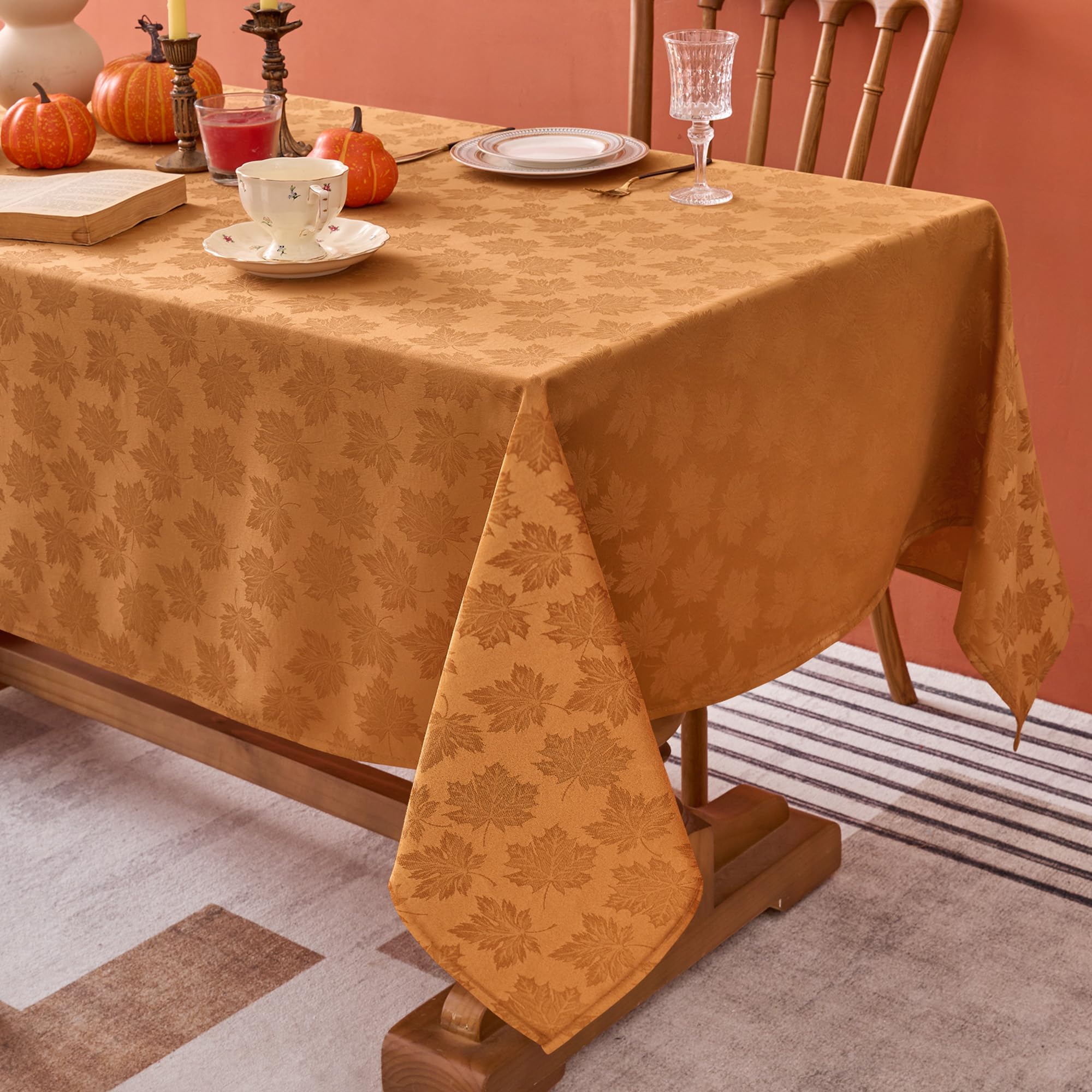 Biscaynebay fall tablecloth in amber with damask leaves for festive dining