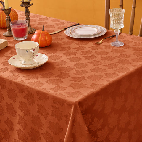 Biscaynebay fall tablecloth draped over a table for elegant settings.