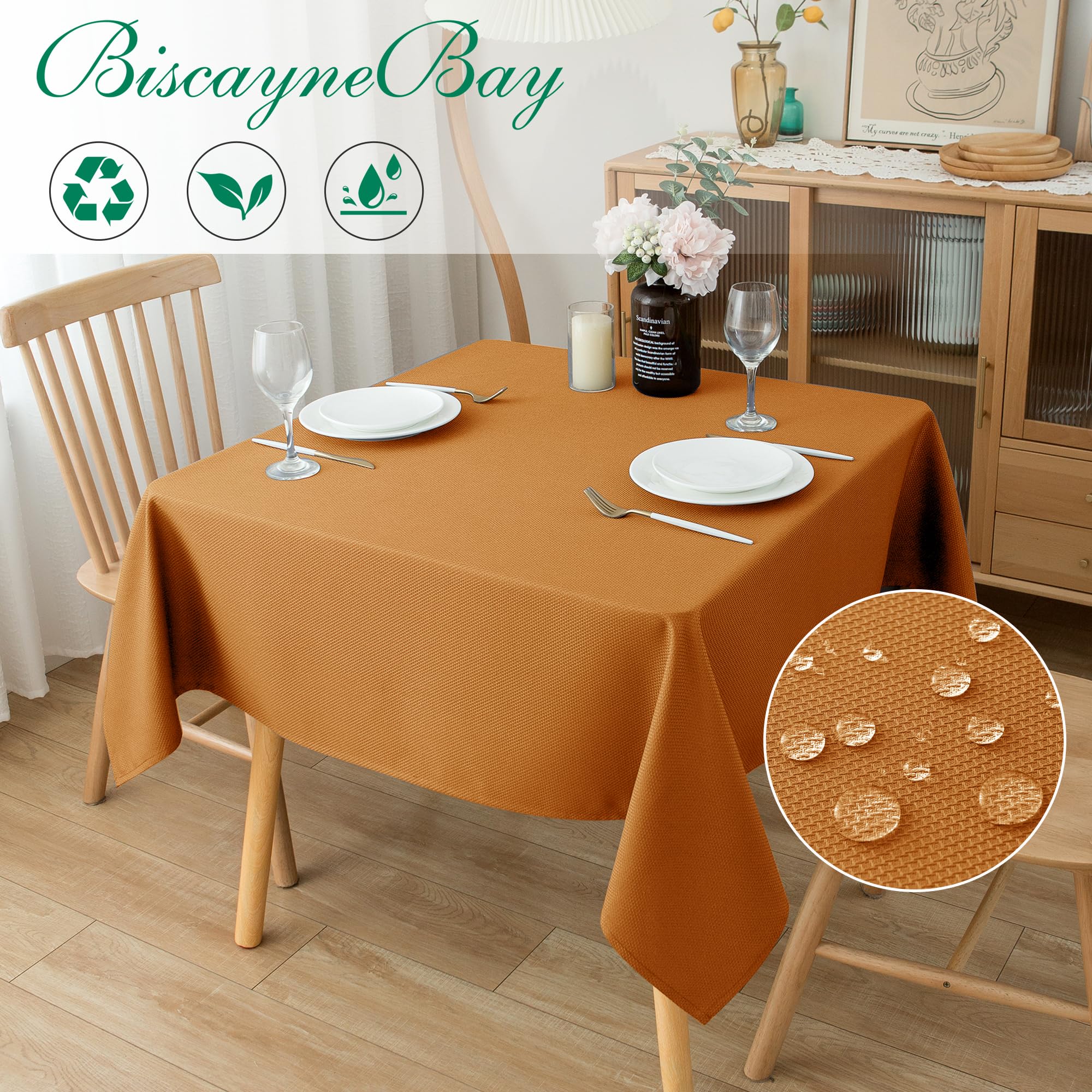 Biscaynebay fall tablecloth with water-resistant finish for spill protection.