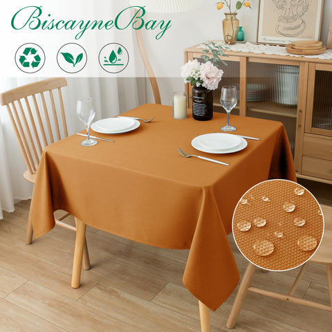 Biscaynebay fall tablecloth with water-resistant finish for spill protection.