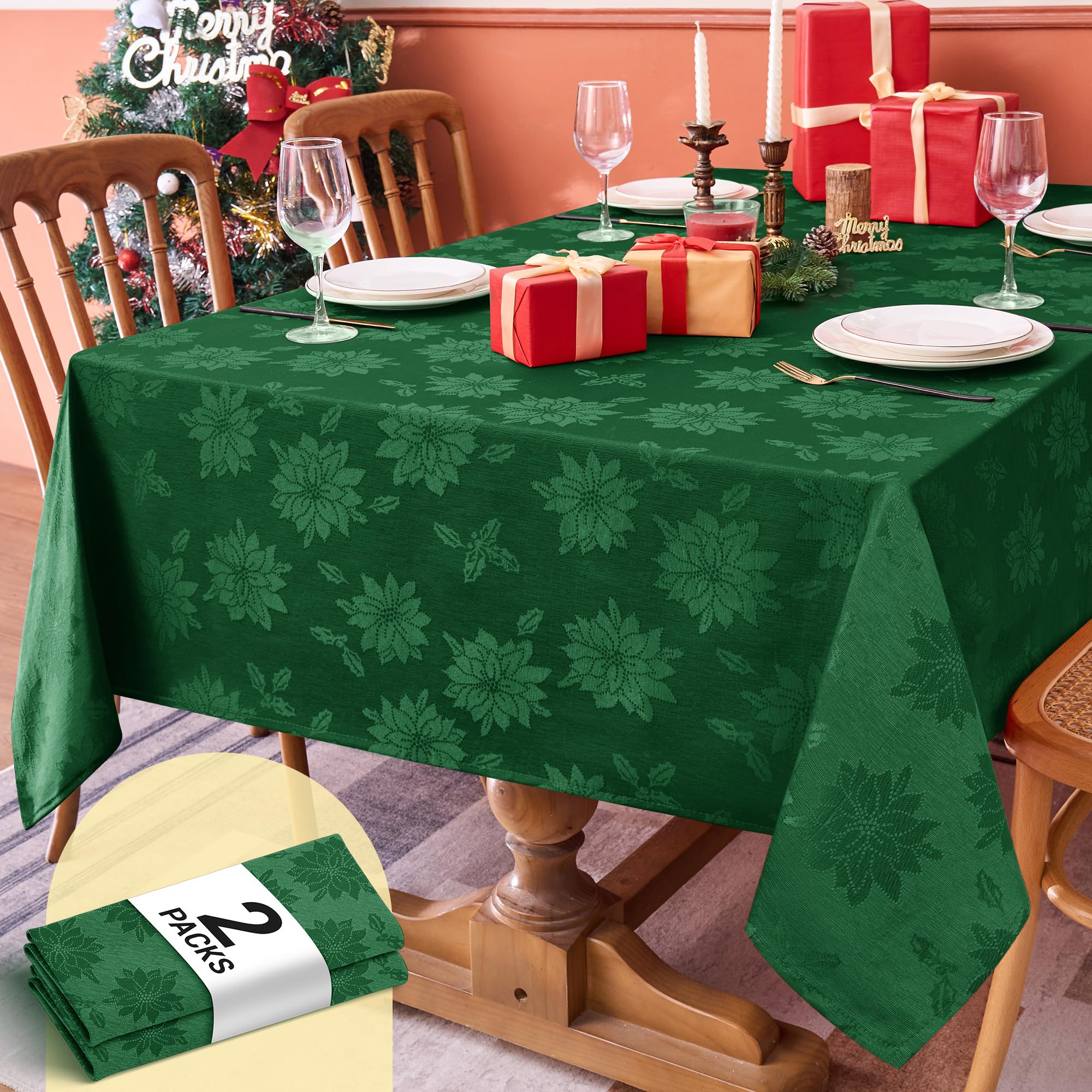 Biscaynebay hunter green damask poinsettia tablecloth for festive dining.