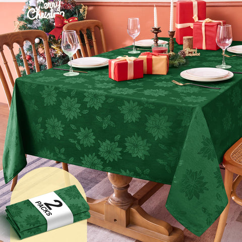 Biscaynebay hunter green damask poinsettia tablecloth for festive dining.