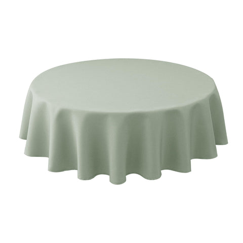Biscaynebay sage round tablecloth on a 60-inch table enhances the dining setup