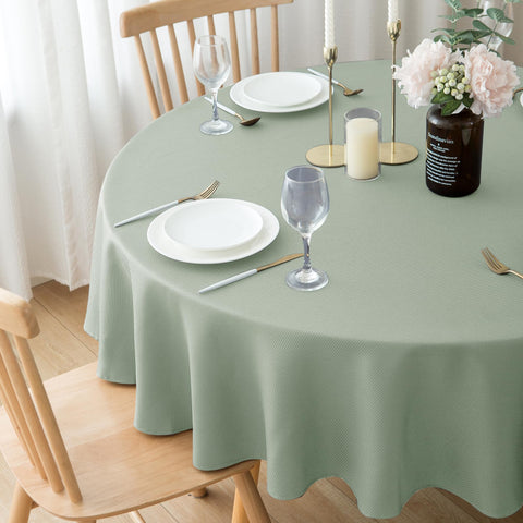Water beads on Biscaynebay sage tablecloth surface for easy cleanup