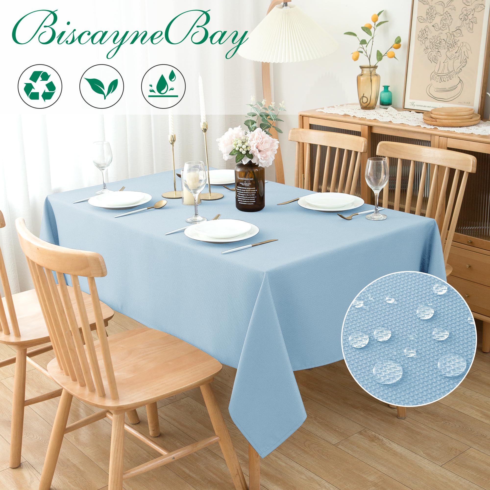 Biscaynebay light blue tablecloth shows water beads for effortless cleanup.